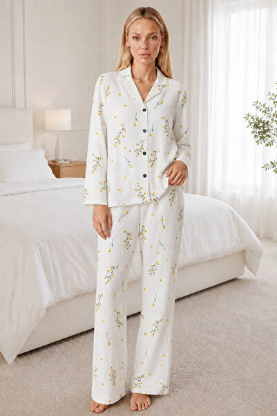 bysocafashion Women's White Patterned Flexible Loose-Fit Pajama Set