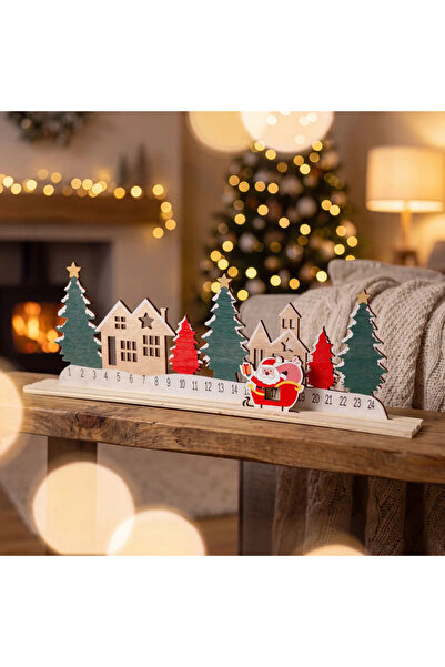 Bewello Calendar Advent de Craciun cu sat si Mos Craciun, MDF, maro deschis, ...