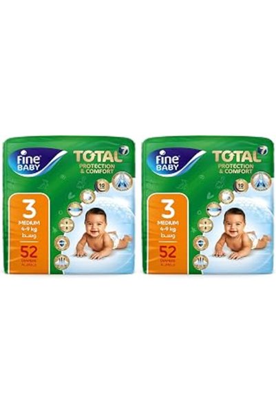Generic فاين بيبي، مقاس 3، متوسط 4-9 كجم، 52 حفاضة (عبوة من قطعتين)