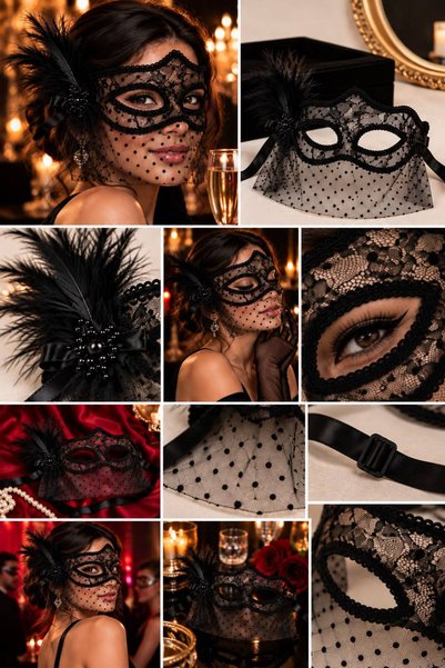 Munico Siyah Dantel Maskeli Balo Maskesi Puantiyeli Yüz Tülü Tüylü Halloween ...