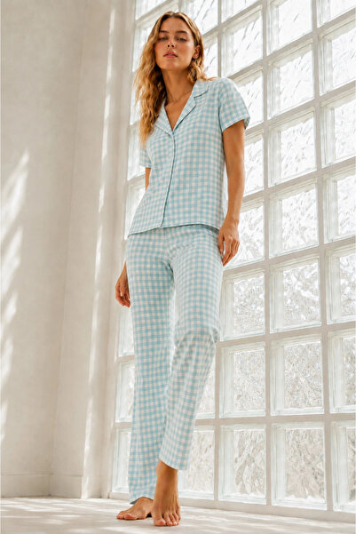 bysocafashion Women's Aqua Green Loose Fit Yarn Dyed Pajama Set