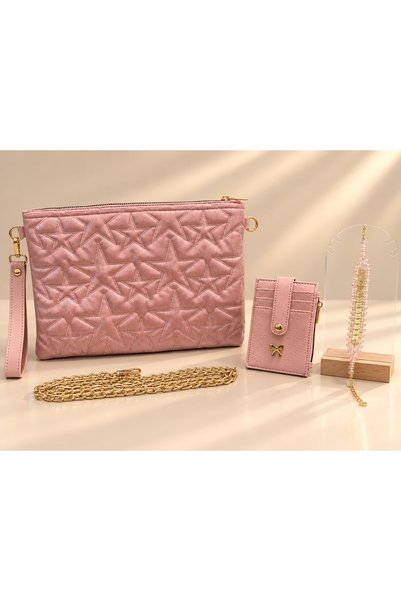 CLUTCH Women's Silver Star Patterned Quilted Bag and Card Holder Set, Evening Dress Clutch Bag with Gold Chain Strap, Black Silver Champagne Gold Powder Color Options Combination Set with Bracelet Gift