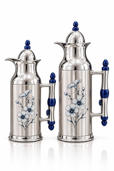 Generic Silver Thermal Tramss Set with Handles and Royal Blue Floral Engravings – Superior Heat Preservation and Elegant Authenticity for Entertaining Your Guests