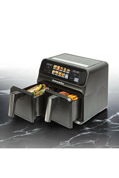 Bewello Air fryer XXL 8L cu 2 cosuri 4+4L, 2200W, ecran touch, fara ulei, neg...