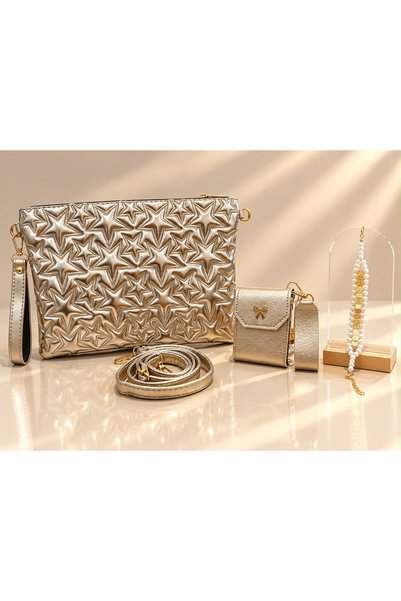 CLUTCH Women's Silver Star Patterned Quilted Bag and Card Holder Set, Evening Dress Clutch Bag with Gold Chain Strap, Black Silver Champagne Gold Powder Color Options Combination Set with Bracelet Gift