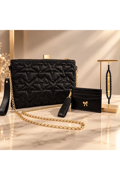 CLUTCH Women's Silver Star Patterned Quilted Bag and Card Holder Set, Evening Dress Clutch Bag with Gold Chain Strap, Black Silver Champagne Gold Powder Color Options Combination Set with Bracelet Gift