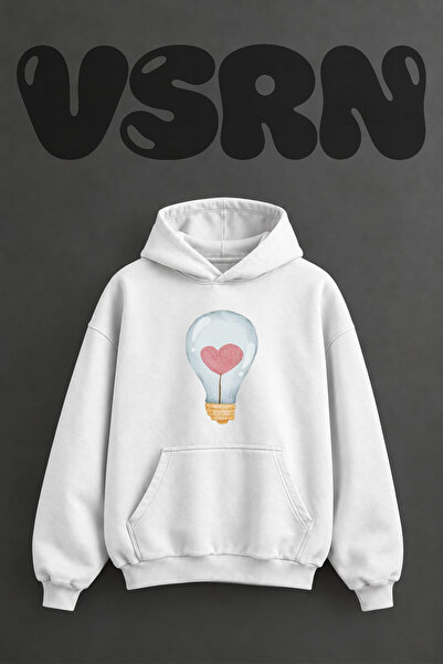 VSRN Hanorac alb supradimensionat cu glugă, cu imprimeu frontal, design Heart...