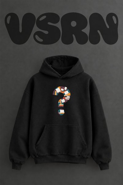 VSRN Book Question Design Pre-Printed Oversize Black Hooded Sweatshirt
