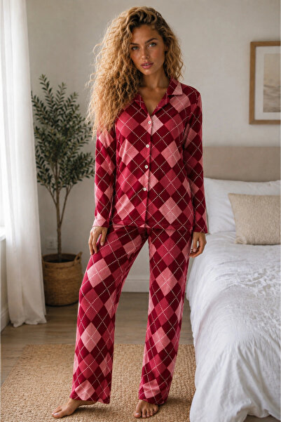 bysocafashion Women's Red Knitted Shirt Collar Pajama Set