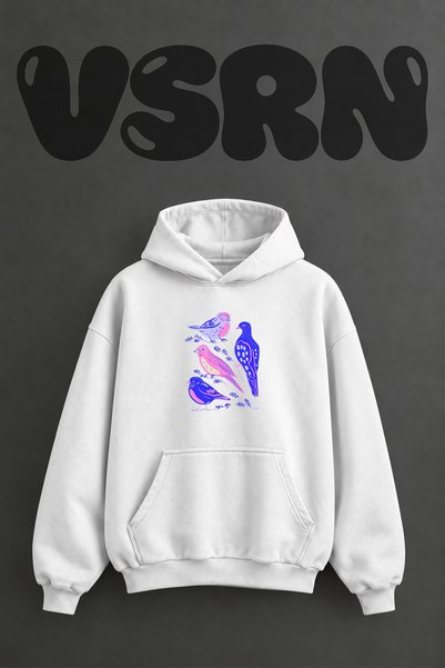VSRN Pink Blue Birds Design Pre-Printed Oversize White Hooded Sweatshirt