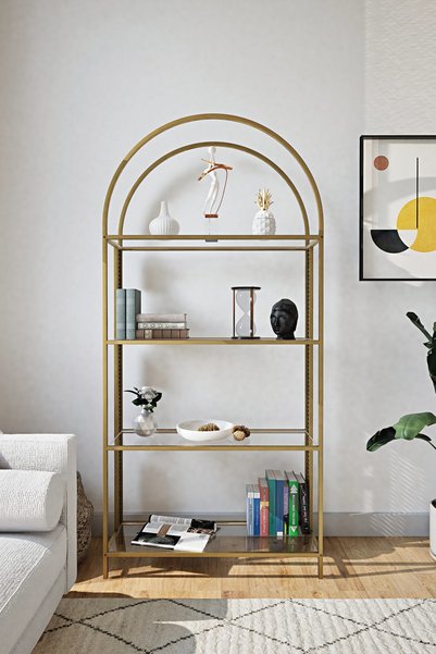 Sovi Design Freya Gold 4 Raflı Camlı Metal Kitaplık 80x30x170 cm Modern Dekor...