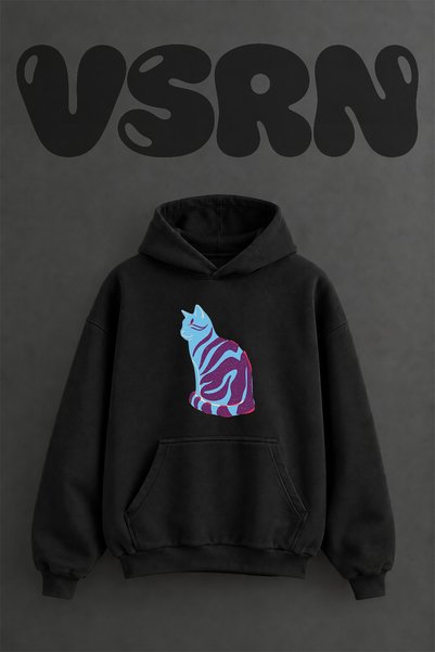 VSRN Blue Purple Cat Design Pre-Printed Oversize Black Hooded Sweatshirt