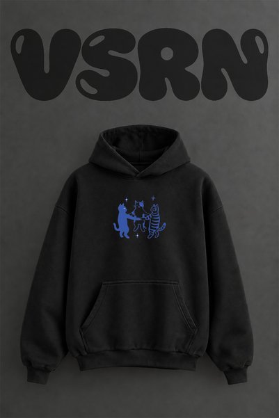 VSRN Uc Cat Design Pre-Printed Oversize Black Hooded Sweatshirt