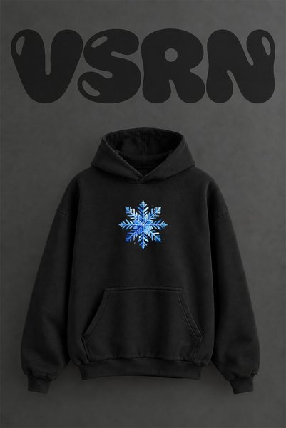 VSRN Hanorac negru supradimensionat cu glugă, cu imprimeu frontal cu design f...