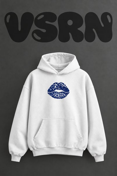 VSRN Blue Leopard Lip Design Pre-Printed Oversize White Hooded Sweatshirt