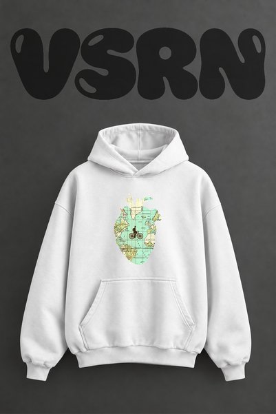 VSRN Hanorac alb supradimensionat cu glugă, imprimat frontal, cu design Heart...