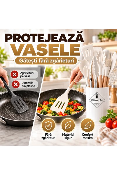 iTin Set ustensile bucatarie 12 piese, silicon termorezistent, maner lemn, Alb