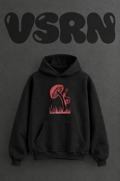 VSRN Mushroom Snail Design Pre-Printed Oversize Black Hooded Sweatshirt