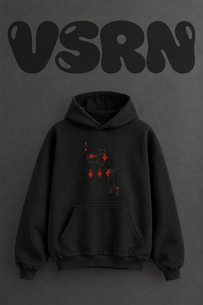 VSRN Cat Diamond Design Pre-Printed Oversize Black Hooded Sweatshirt