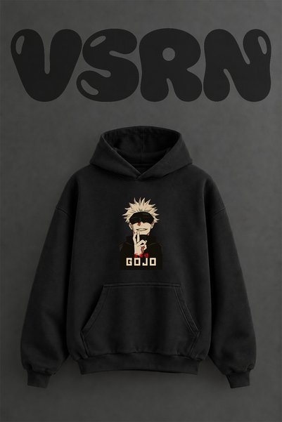 VSRN سويت شيرت أسود كبير الحجم بقلنسوة وطباعة أمامية بتصميم Gojo Satoru