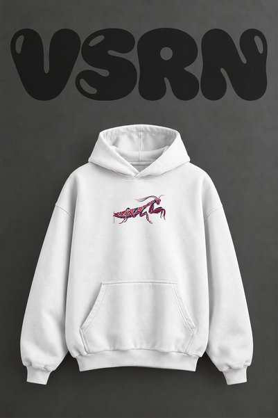 VSRN سويت شيرت أبيض كبير الحجم بقلنسوة وطباعة أمامية بتصميم مانتس الزخرفي