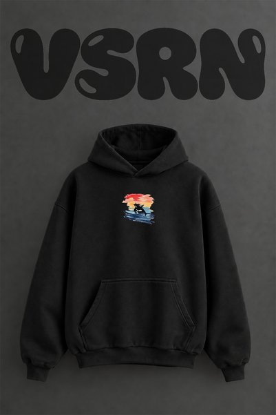 VSRN Orca Design Pre-Printed Oversize Black Hooded Sweatshirt