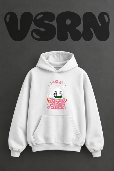 VSRN Nezuko Design Pre-Printed Oversize White Hooded Sweatshirt