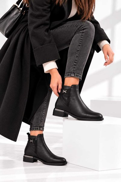 EREN SHOES BAG Edinburgh Genuine Leather Low Heeled Daily Comfortable Zippered Women's Boots Real Leather Black