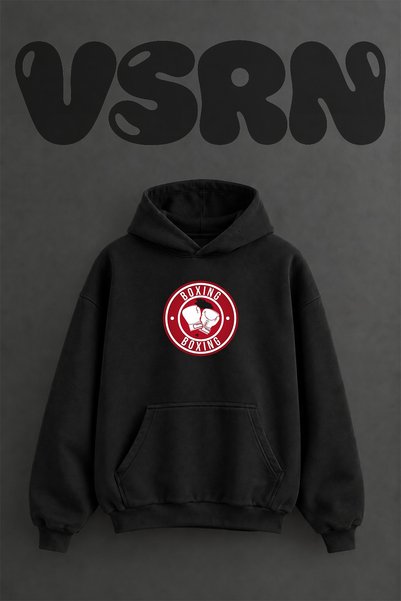 VSRN Boxing Gloves Design Pre-Printed Oversize Black Hooded Sweatshirt