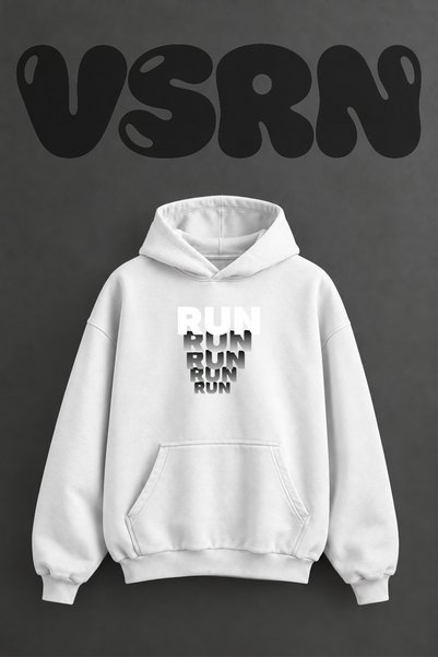VSRN Run Typography Design Pre-Printed Oversize White Hooded Sweatshirt