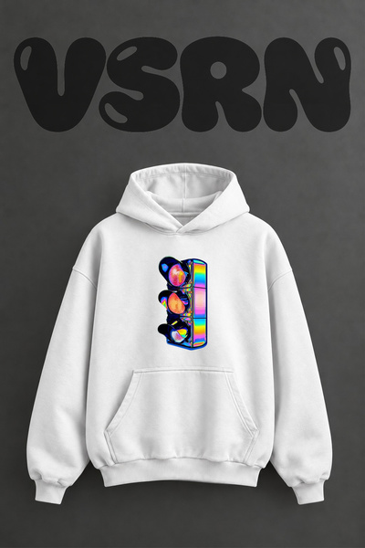 VSRN Neon Traffic Light Design Pre-Printed Oversize White Hooded Sweatshirt