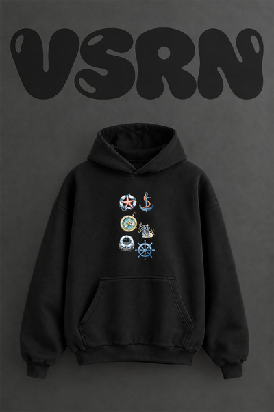 VSRN Φούτερ με κουκούλα Capa Pusula Dumen Design με προεκτυπωμένο σχέδιο, μαύ...