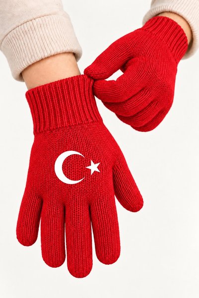 Fatbilbaskı Ay Yıldız Baskılı Örme Çocuk Eldiveni – Kışlık, Ribanalı Bilek ft...