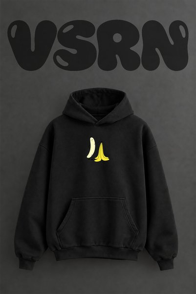 VSRN سويت شيرت أسود كبير الحجم بقلنسوة وطباعة أمامية بتصميم كرتوني على شكل موزة