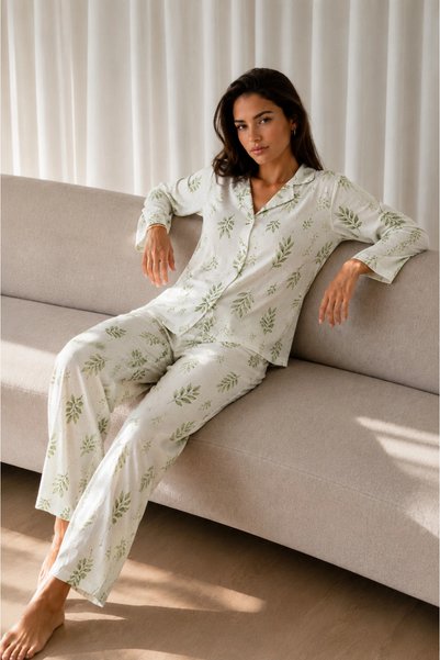 bysocafashion Women's Green Patterned Basic Winter Pajama Set