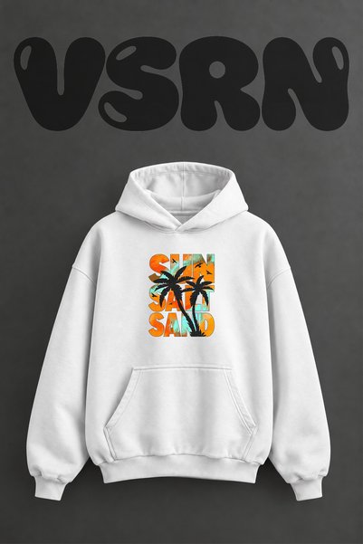 VSRN سويت شيرت أبيض كبير الحجم بقلنسوة وطباعة أمامية بتصميم Sun Salt Sand