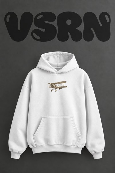 VSRN Vintage Biplane Design Pre-Printed Oversize White Hooded Sweatshirt