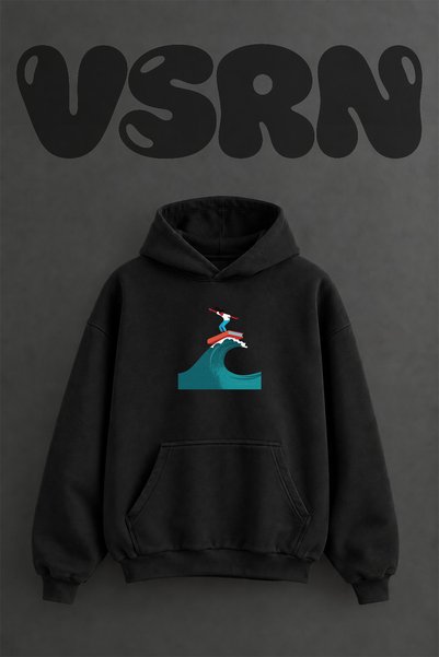 VSRN سويت شيرت بقلنسوة أسود كبير الحجم مطبوع من الأمام بتصميم Kiz Kitap Sorf