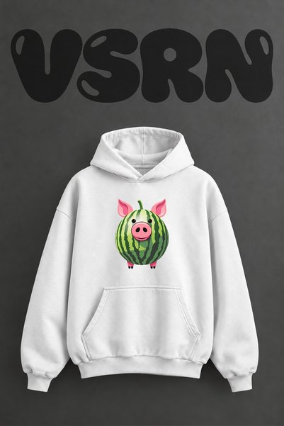 VSRN سويت شيرت أبيض كبير الحجم بقلنسوة وطباعة أمامية بتصميم Watermelon Pig
