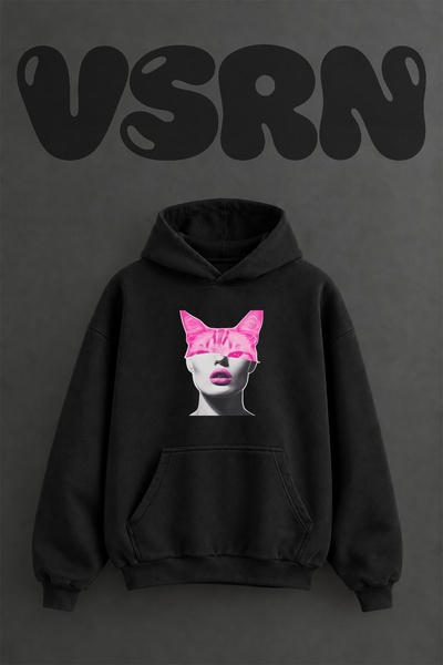 VSRN Pink Cat Mask Design Pre-Printed Oversize Black Hooded Sweatshirt