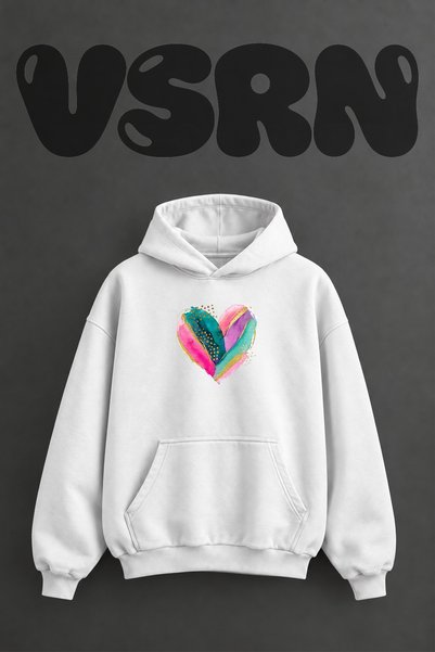 VSRN Heart Watercolor Design Pre-Printed Oversize White Hooded Sweatshirt