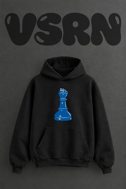 VSRN سويت شيرت بقلنسوة أسود كبير الحجم مطبوع من الأمام بتصميم Fist Rook
