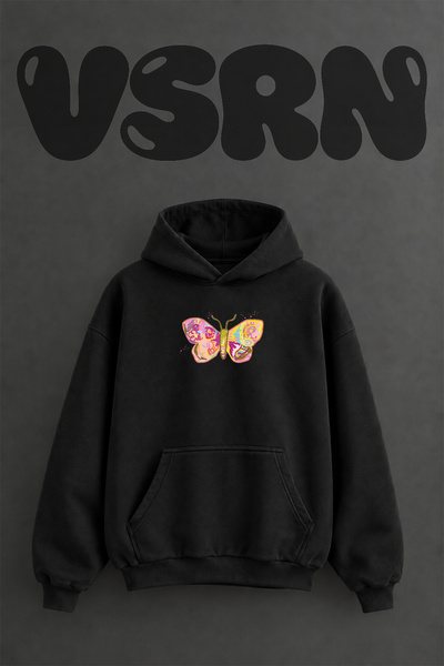 VSRN Colorful Butterfly_1 Design Pre-Printed Oversize Black Hooded Sweatshirt