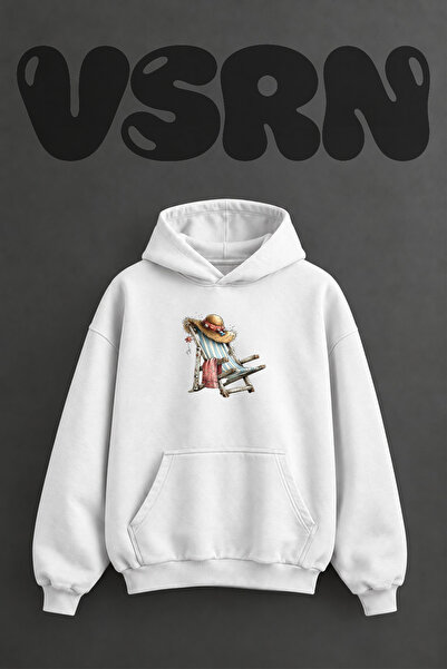 VSRN Beach Sandalyyası Straw Hat Design Pre-Printed Oversize White Hooded Swe...