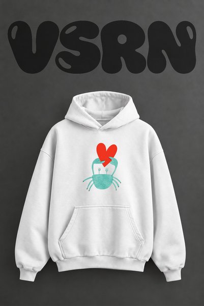 VSRN Yengec Heart Design Front Printed Oversize White Hooded Sweatshirt