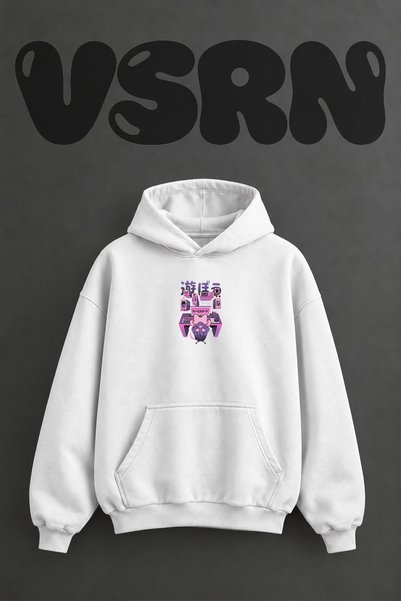 VSRN Neko Gamer Design Pre-Printed Oversize White Hooded Sweatshirt