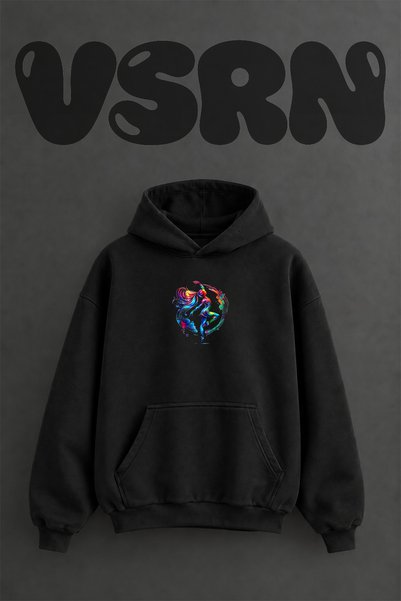 VSRN Colorful Ballet Design Pre-Printed Oversize Black Hooded Sweatshirt