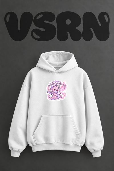 VSRN Cute Dragon Design Pre-Printed Oversize White Hooded Sweatshirt