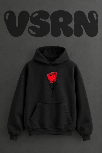 VSRN Single Line Rose Design Pre-Printed Oversize Black Hooded Sweatshirt