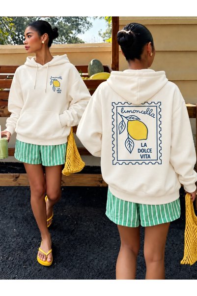 HAI COLLECTİON سويت شيرت بقلنسوة كبير الحجم بثلاثة خيوط ولون بيج للجنسين
